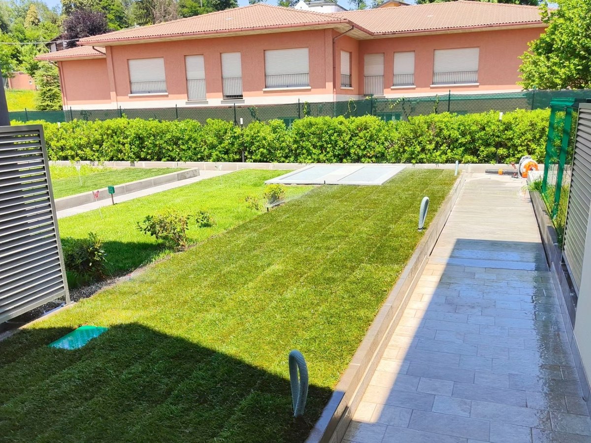 Prato a rotoli appena posato, con gli irrigatori in funzione